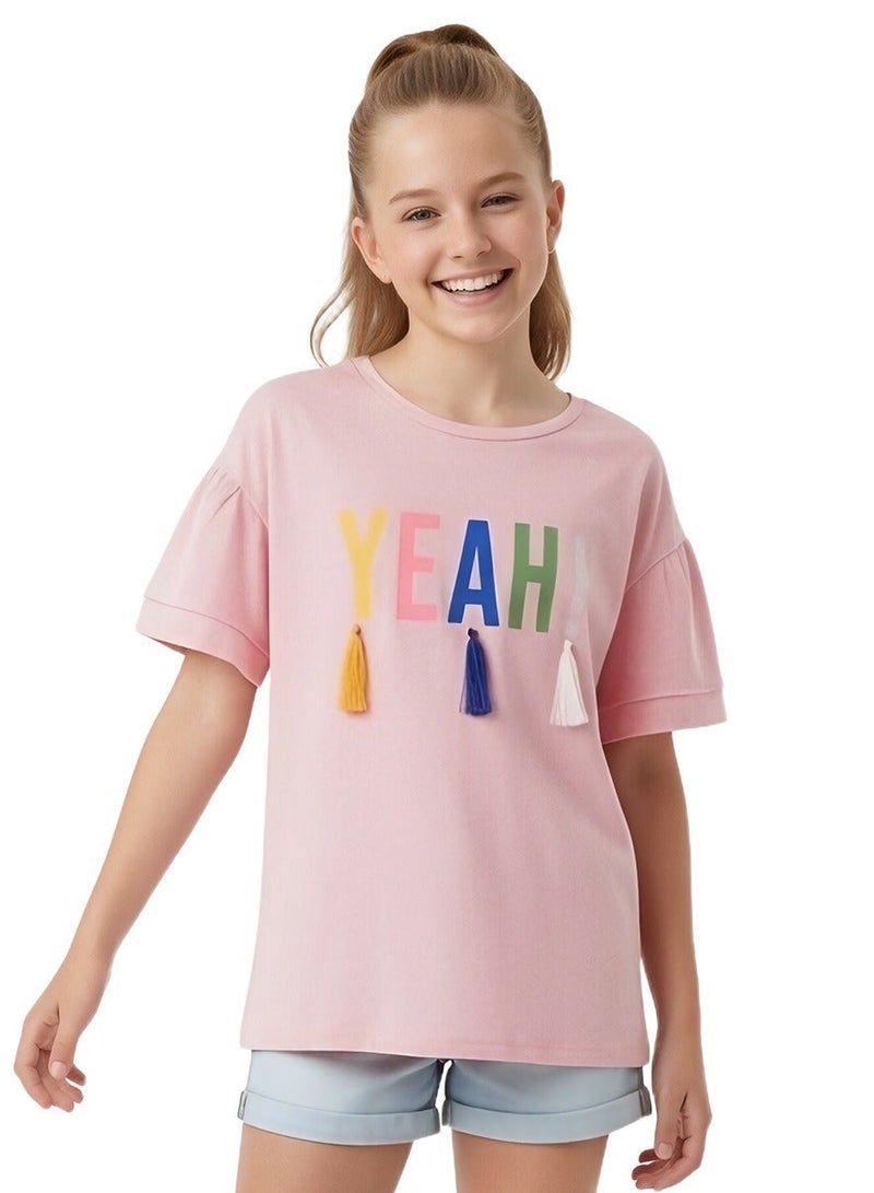 WiNi BEE Cute Pink Girls T-Shirt with “YEAH” Print & Tassel Trim, Short Sleeve Casual Top for Ages 8-10-12-14-16 Years - Image 1